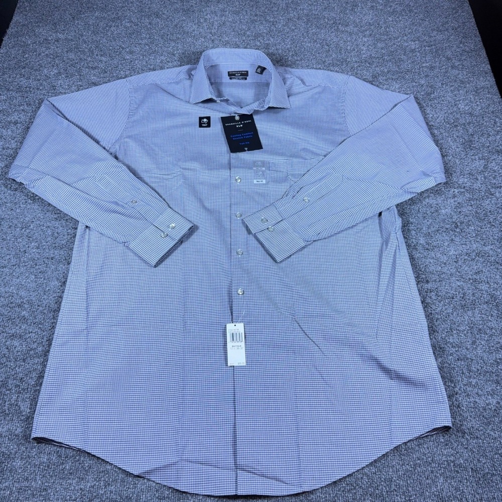 Shaquille O'Neal XLG Dress‎ Shirt Mens 17.5 36-37 Blue Micro Check Tall Fit NWT